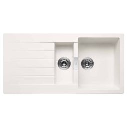 Cuba de sobrepor dupla reversível para cozinha em Quarzex® 1000x500x200 Oslo com válvula e sifão Branco