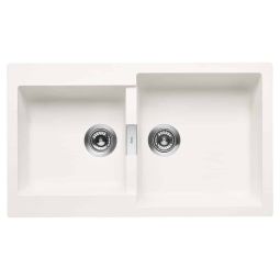 Cuba de sobrepor dupla para cozinha reversível em Quarzex® 860x500x200 Oslo com válvula e sifão